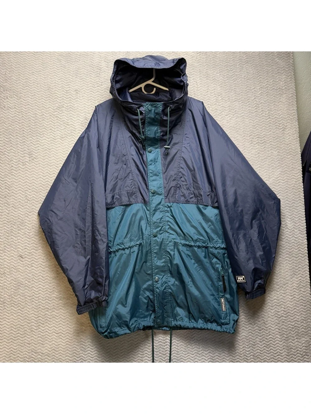 Helly Hansen Jacket Mens XL Green Blue Helly Tech HH Packable Hooded Rain Coat